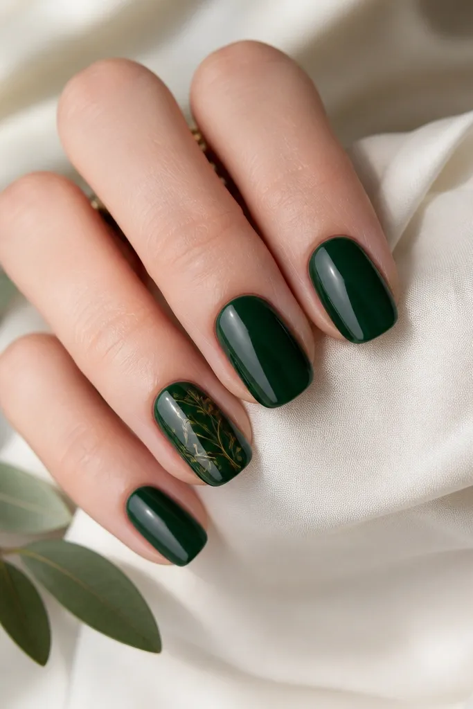 Most nails are solid dark green and glossy; one nail has thin gold vine linework curving from cuticle to mid-nail with tiny leaves drawn in gold; other nails are plain.