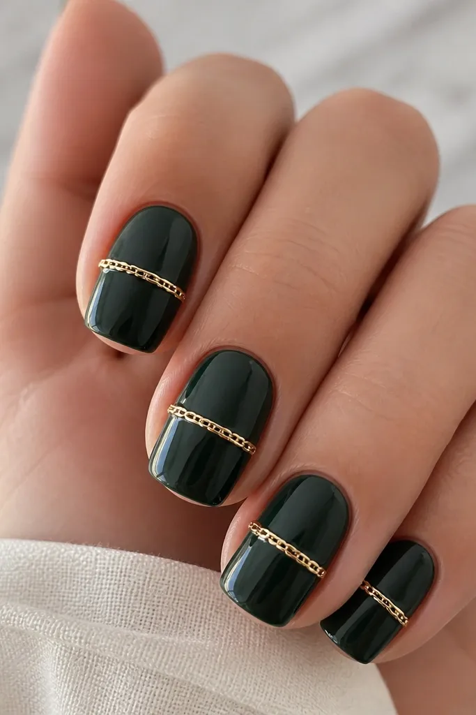 Dark green nails with a tiny gold chain motif laid across the nail center; links are small and shiny; glossy finish; clean edges at the cuticle.