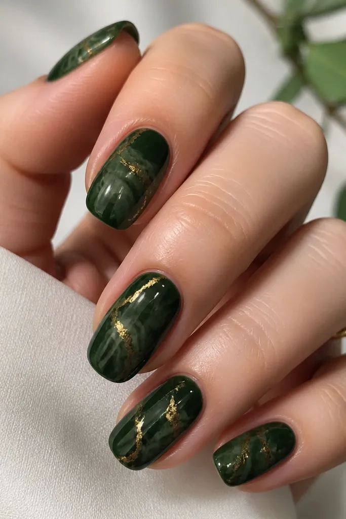 Deep green nails with soft marble-like swirls in lighter green and fine gold veining; the gold lines look thin and smoky; glossy finish.
