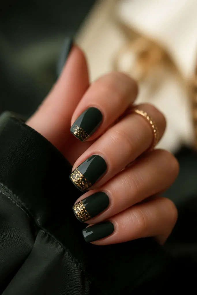 Small space dark green and gold nails