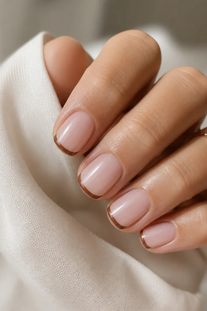 Short squoval nails with a sheer nude base and a very thin cinnamon-brown French tip line, centered and slightly curved; glossy finish.