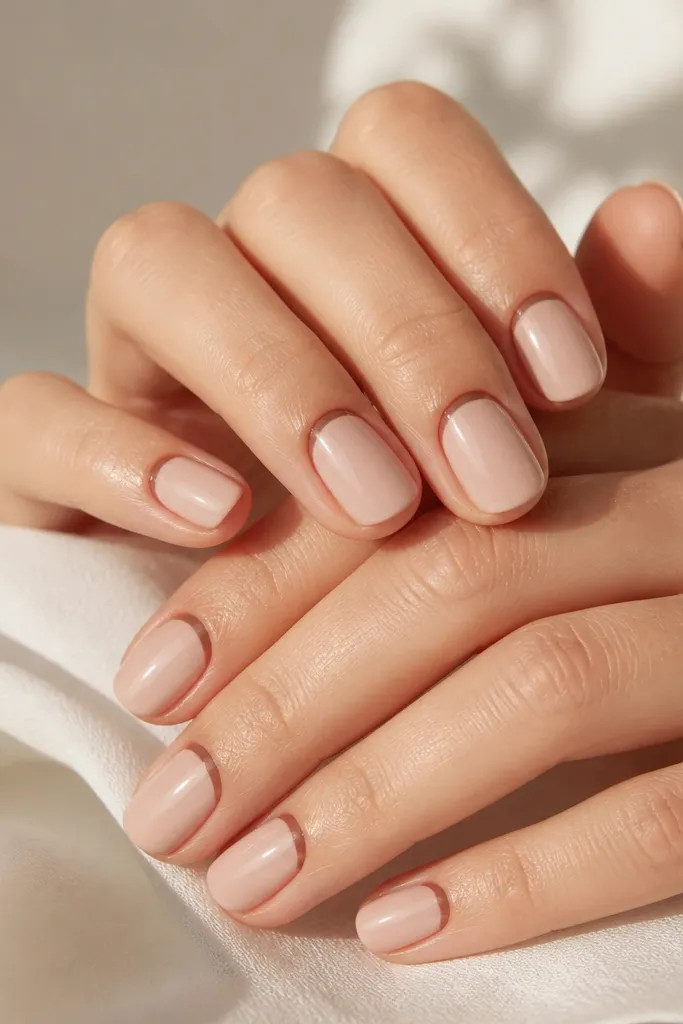 Short nails with a glossy nude base and a small curved mocha-brown crescent hugging the cuticle line on each nail; no other designs.
