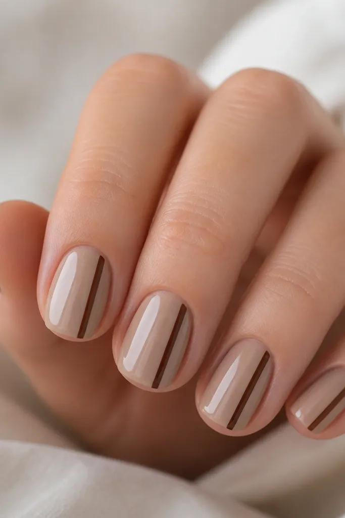 Short nude nails in a beige-tan tone with one thin chocolate-brown stripe running vertically on the right side of each nail; glossy top coat.