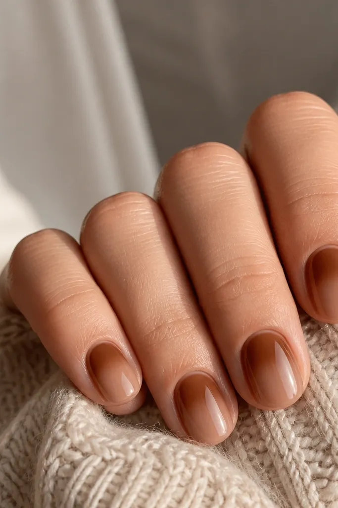 Short nails with a caramel-sheer nude base that fades into a warm brown at the top third; smooth gradient and glossy finish.