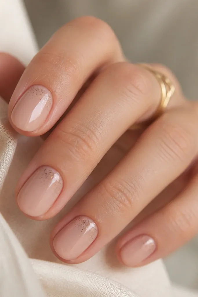 Short rose-beige nude nails with a few tiny specks of warm brown scattered near the cuticle and fading toward the center; glossy.