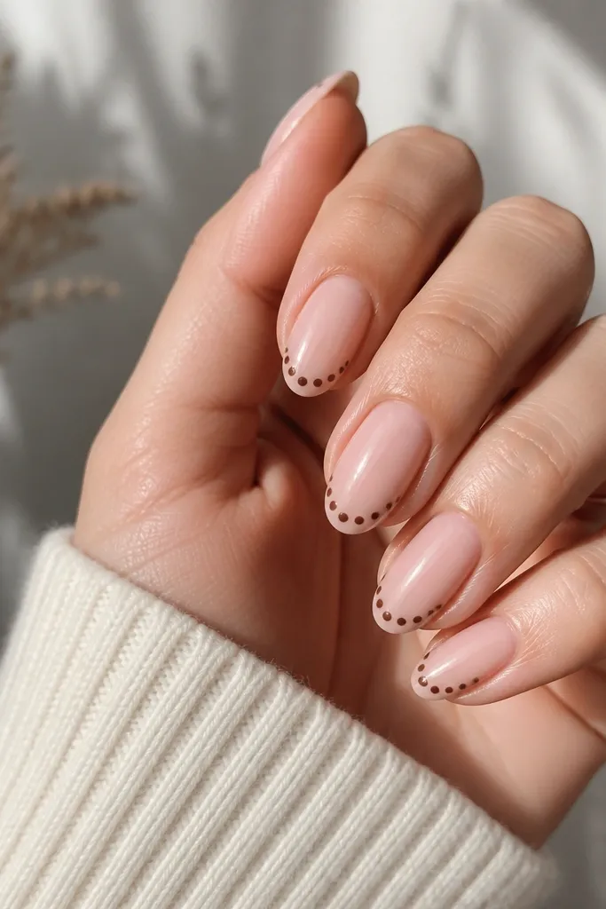 Short soft almond nails with a sheer nude base and a dot pattern at the tip: small chocolate-brown dots forming a curved line; glossy top coat.