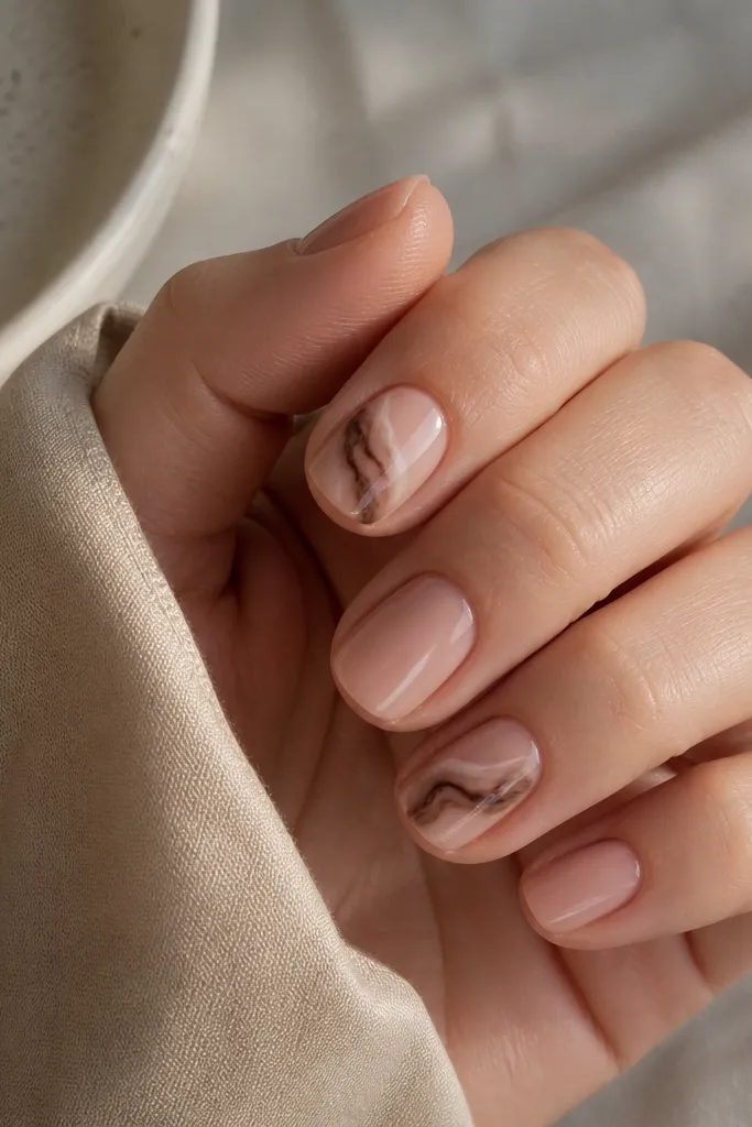 Short nails with a nude base and a single cocoa-brown marble swipe on two nails only; the rest are plain nude; glossy.