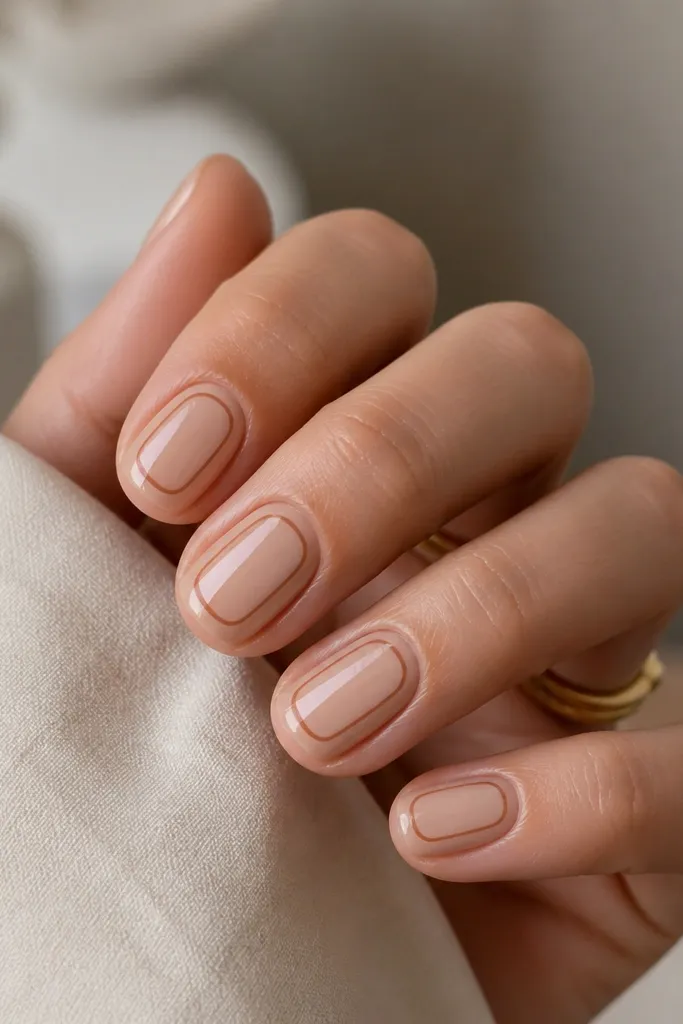 Short nails with a sheer nude overall, but each nail has a slightly clearer center panel outlined by thin caramel-brown lines; glossy.