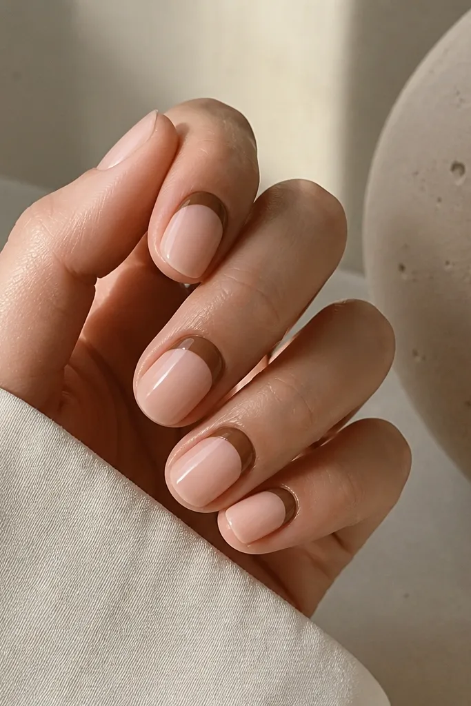 Short nude nails with a mocha-brown half-moon placed on one side near the cuticle, leaving the other side plain; glossy.