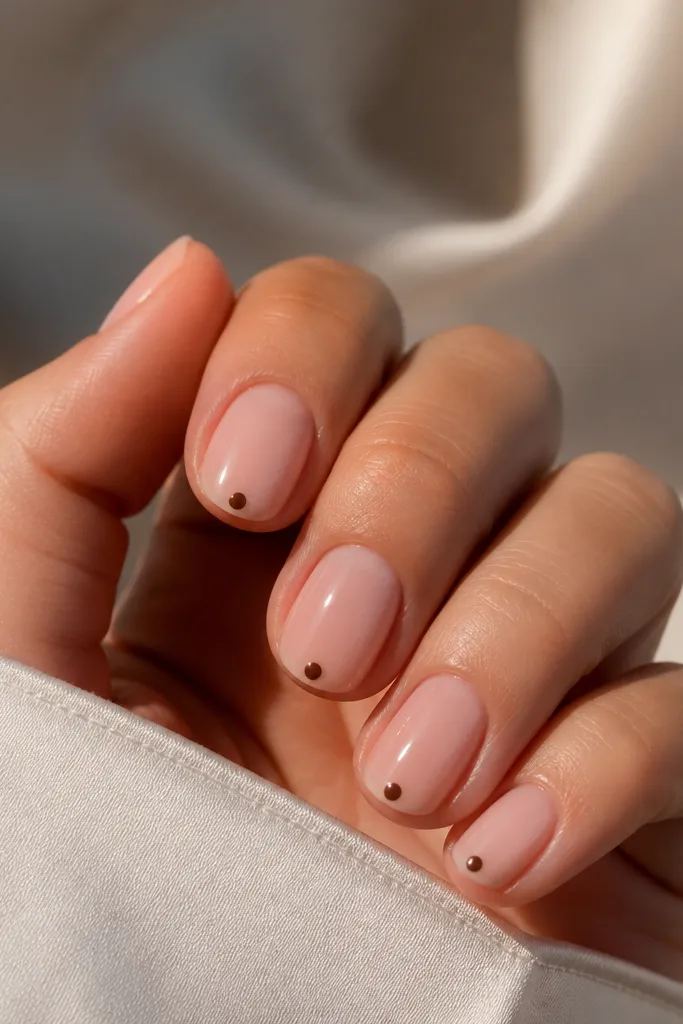 Short nude nails with a sheer base and tiny chocolate-brown micro studs placed at the tip center on each nail; glossy top coat.