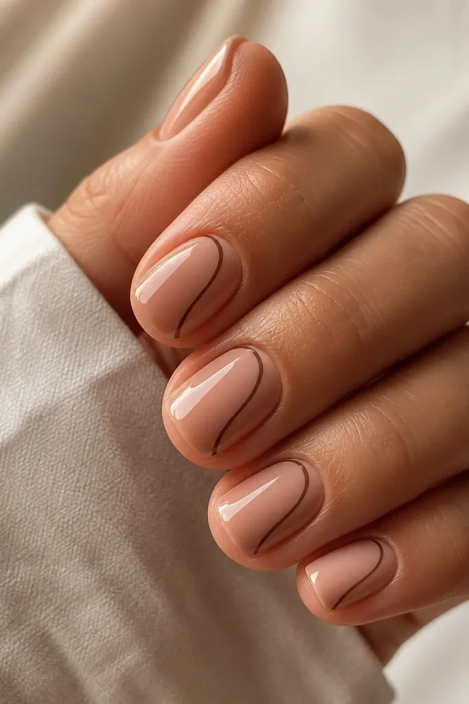 Short squoval nails with warm nude base and a thin brown pinstripe that curves from near the cuticle toward the sidewall; glossy.