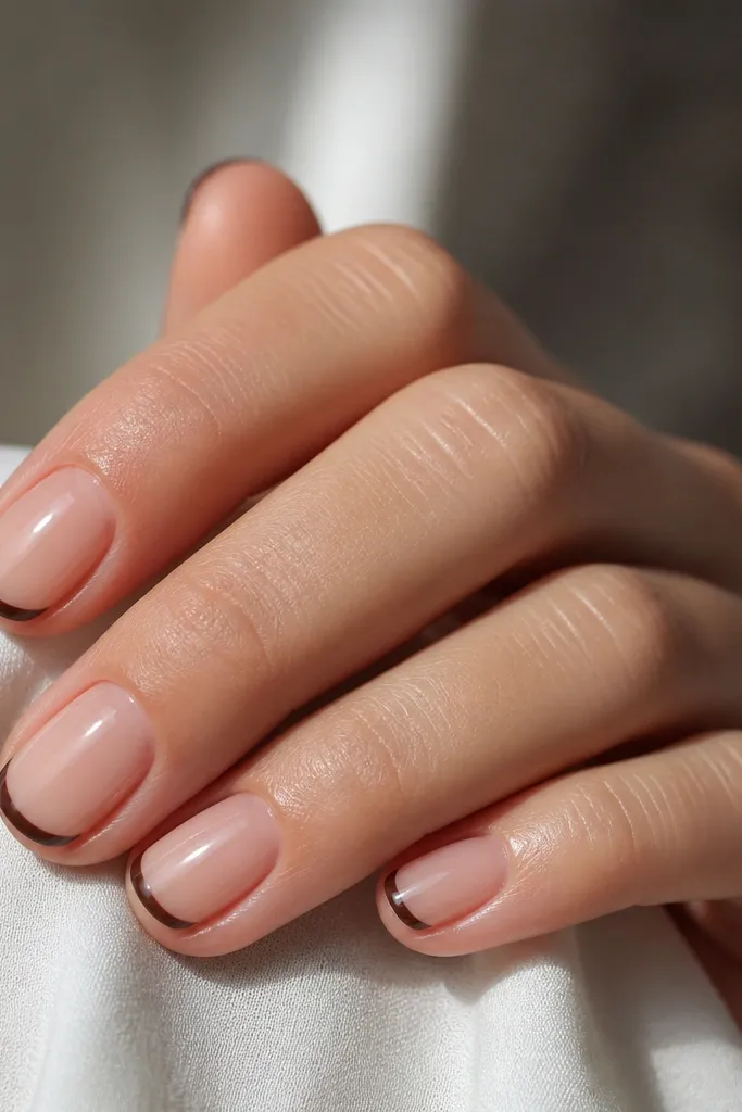 Short nails with a sheer nude base. The French tip is a super thin espresso brown line, centered and slightly curved, with a glossy finish.