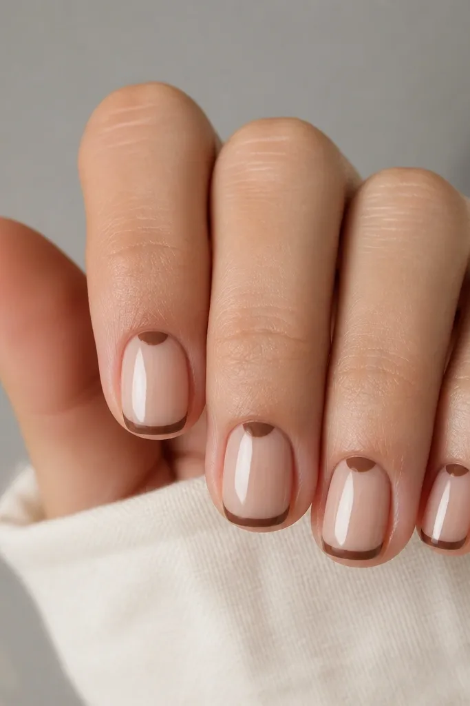Short nails in a sheer beige nude. A milk chocolate French tip sits at the edge, and a tiny half-moon of the same brown appears at the cuticle center.