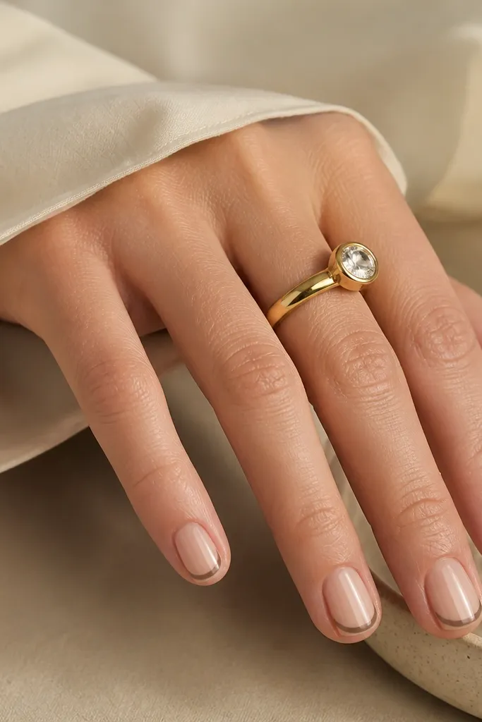 Short nails with nude base. A taupe-brown French tip line runs along the edge, and two thin negative-space slits sit near the sidewalls under the line.