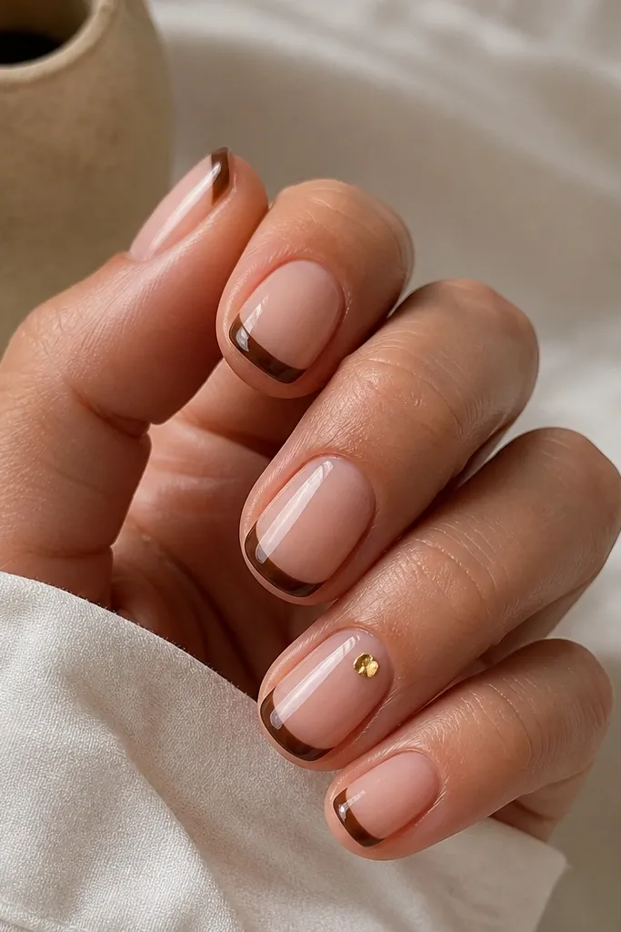 Short nude nails with glossy chocolate brown French tips. One accent nail has a small gold foil dot near the cuticle center.