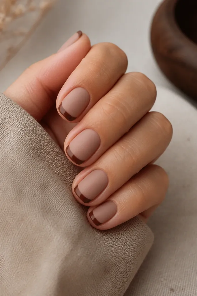 Short nails with a matte warm beige base. The French tip is burnt umber and glossy, creating a matte-to-gloss contrast at the tips.
