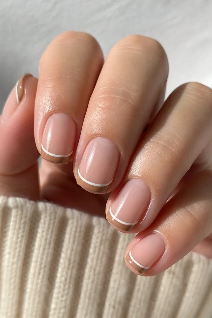 Short nails with sheer nude base. The French tip is caramel brown, outlined with a hairline white border along the top edge. Glossy finish.
