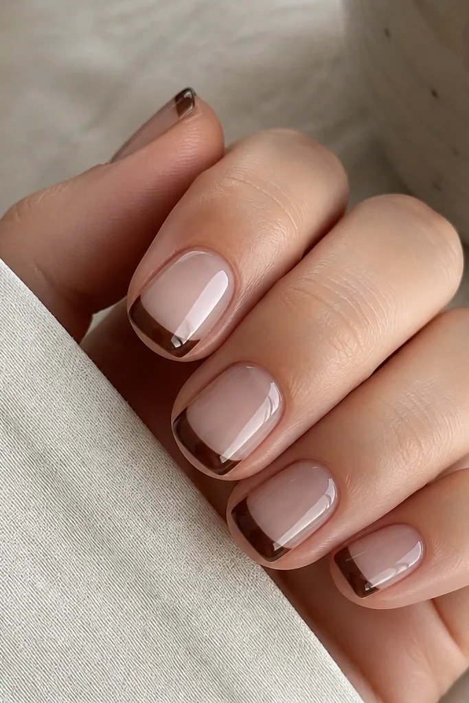 Short nails with a clear jelly center panel. Dark brown French tips sit at the edges, leaving a see-through middle with a glossy shine.