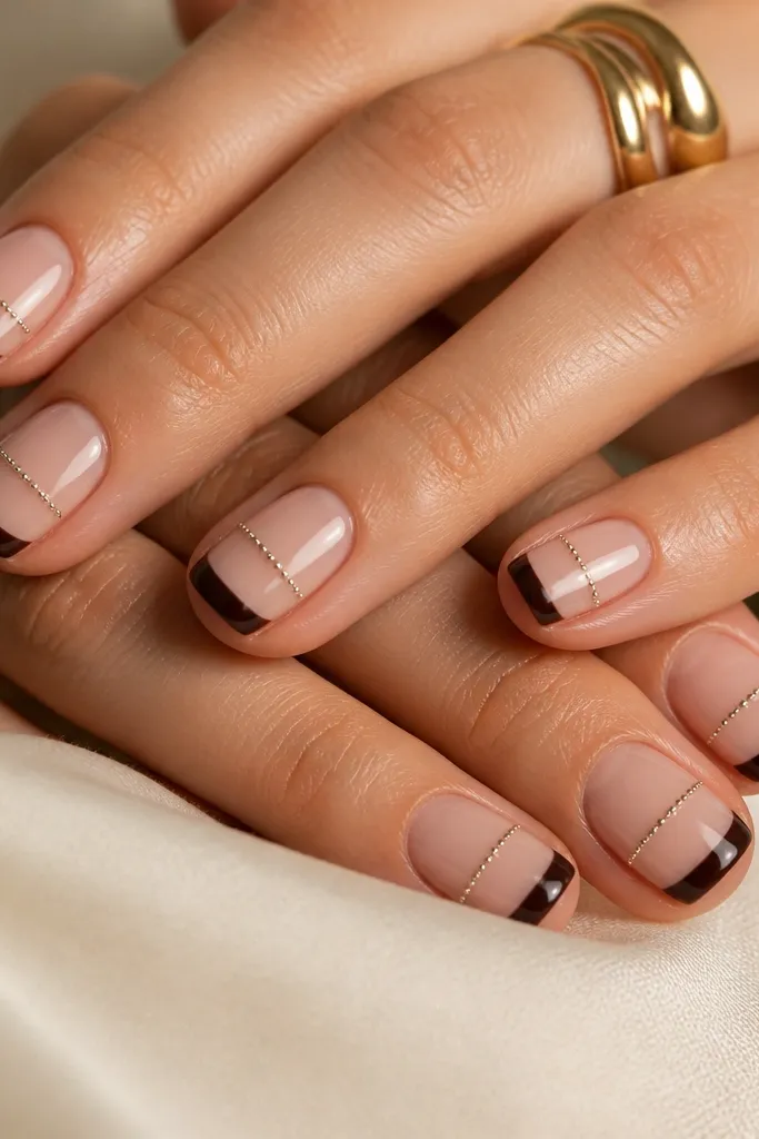 Short nails with sheer nude base and espresso brown French tips. A thin cuticle stripe of tiny micro beads runs horizontally across the center of the nail.