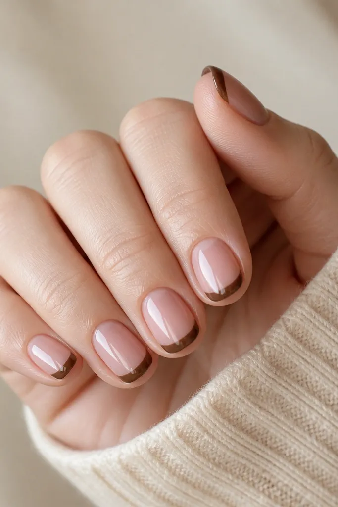 Short nails with a rosy nude base. The French tips are warm chestnut brown, glossy and evenly curved.