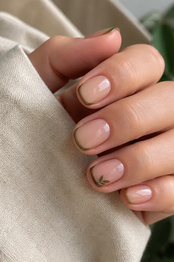 Short nails in a sheer nude base. Olive-brown French tips are paired with a tiny dark green leaf accent on one nail near the tip.