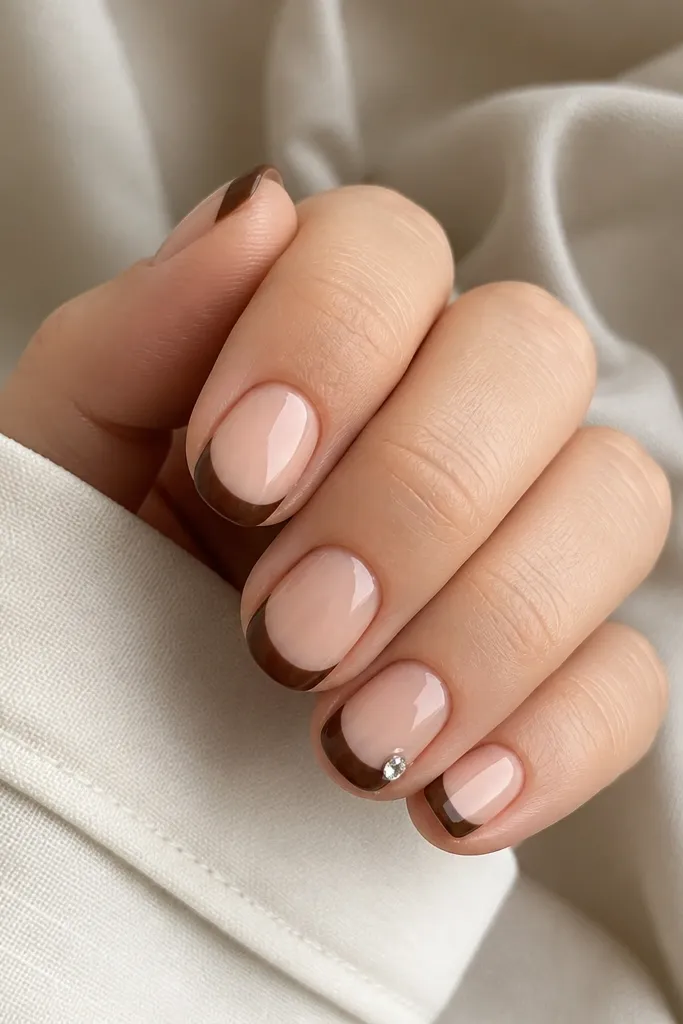 Short nails with nude base and carob brown French tips. One nail has a single clear rhinestone placed at the upper outer corner of the French tip.