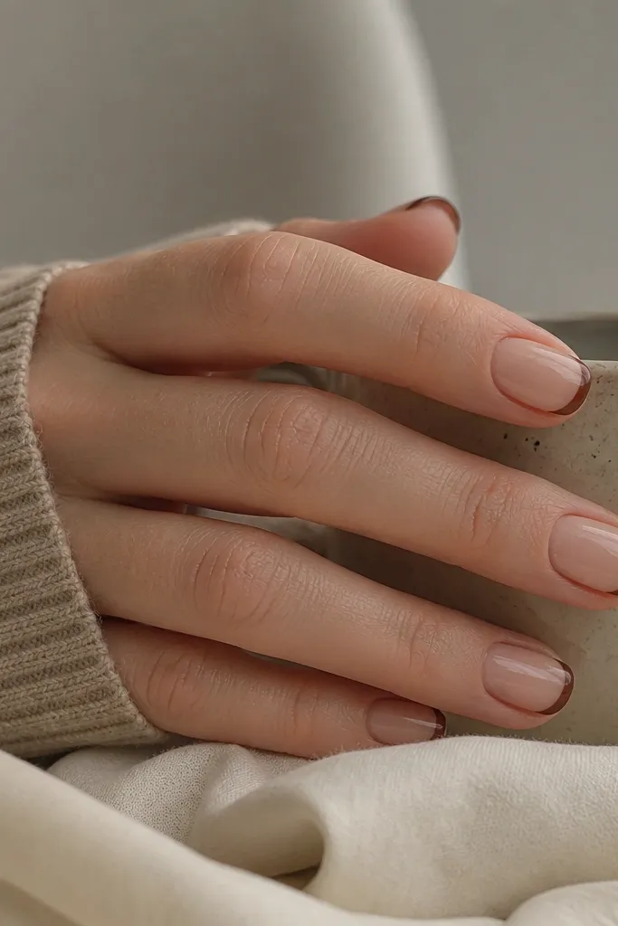 Small space short brown french tip nails