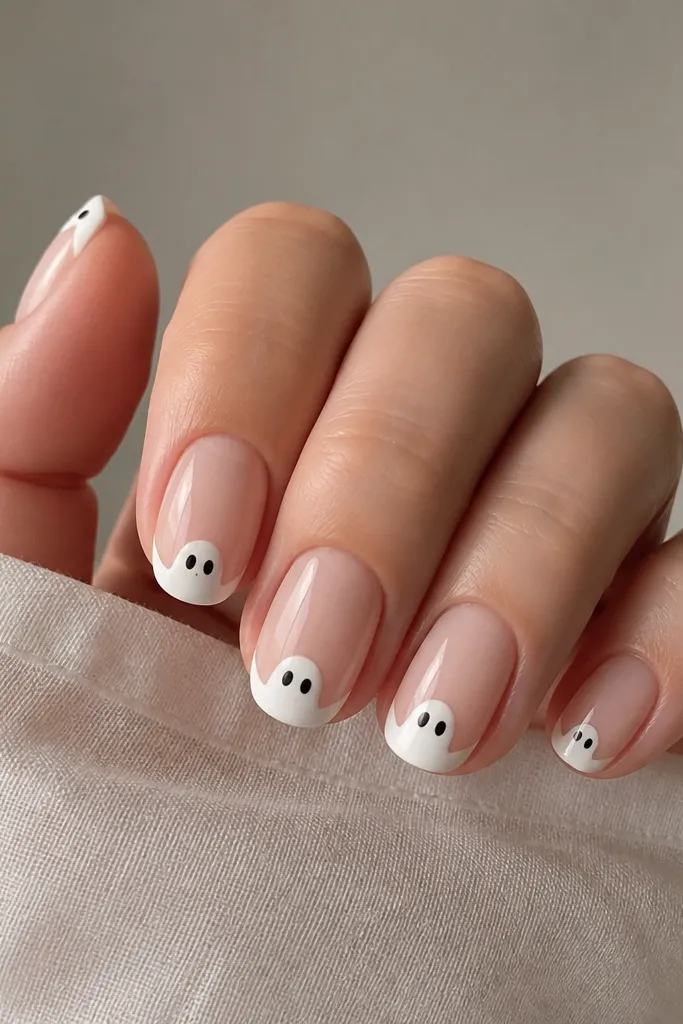 Five short nails with a sheer nude base. The tips are painted in white like French tips, but each tip has a tiny ghost face and rounded head at the very edge. Two nails have slightly larger ghost heads than the rest.