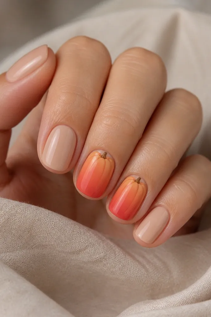 Short nails in orange-red gradient on only two accent nails. The other three nails are solid nude. On the accent nails, a small pumpkin sits near the cuticle with three vertical ridges and a simple stem.