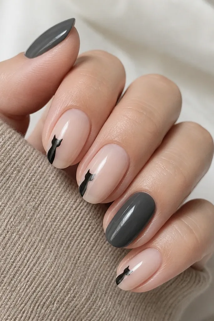 Five nails with a dark charcoal base on the thumb and ring finger, and sheer nude on the rest. On the nude nails, a tiny black cat silhouette is drawn along the side wall near the cuticle, with ears pointed up.