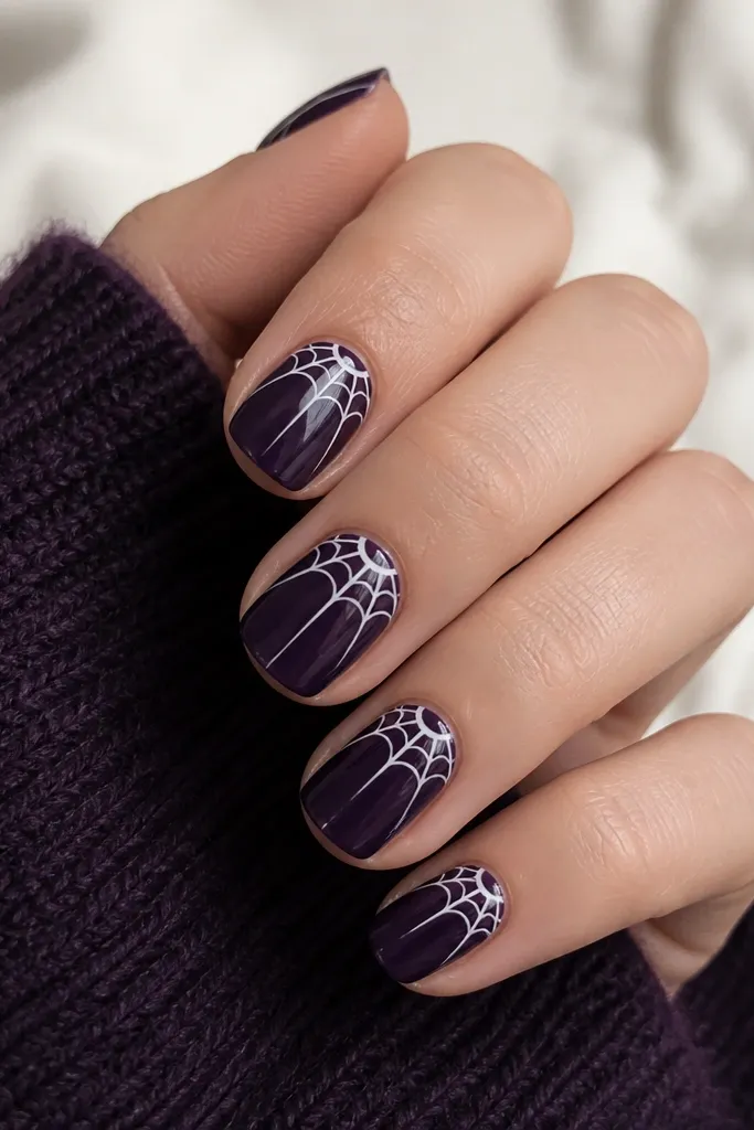 Short nails with a deep purple base. Each nail has a thin white half-moon at the cuticle. From the center of the half-moon, thin web lines radiate outward, ending near the side edges.
