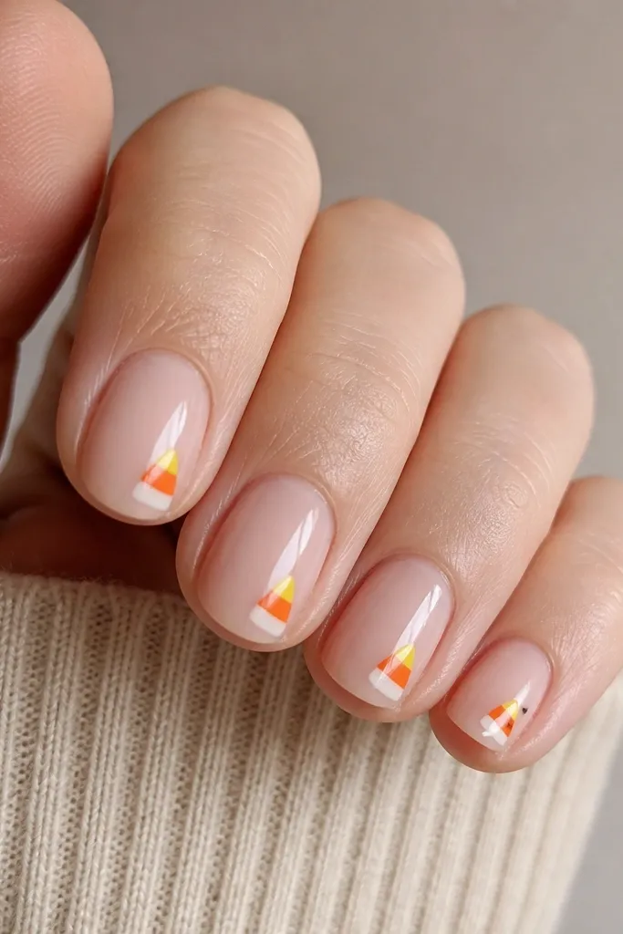 Nude nails with a single candy-corn triangle placed in the corner near the free edge. The triangle has three bands: yellow at the top, orange in the middle, and white at the bottom. One nail has a tiny black dot beside it.