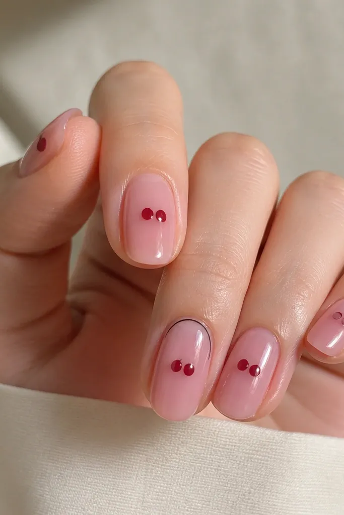 Sheer pink nails with two small deep red circles on each nail near the center. Each set of dots has a tiny crescent highlight between them. One nail has a thin black line across the base like a bite shadow.