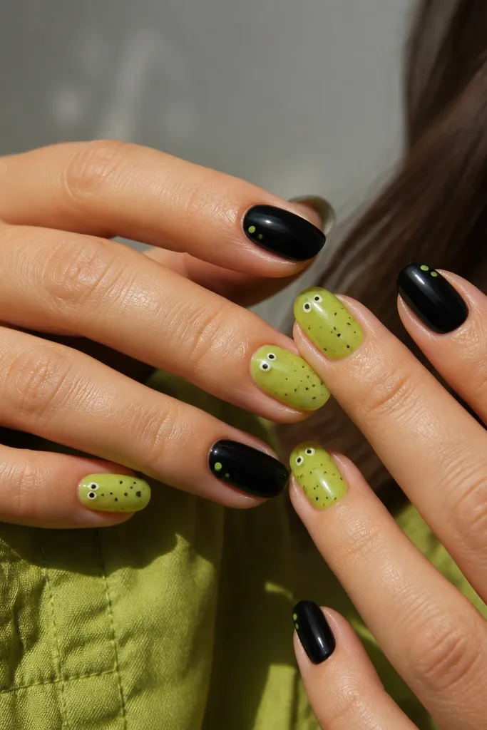 Alternating nails: black and sheer lime green. On the lime nails, small irregular dots and two tiny white eyes are placed near the cuticle. On black nails, a single lime dot sits near the side.