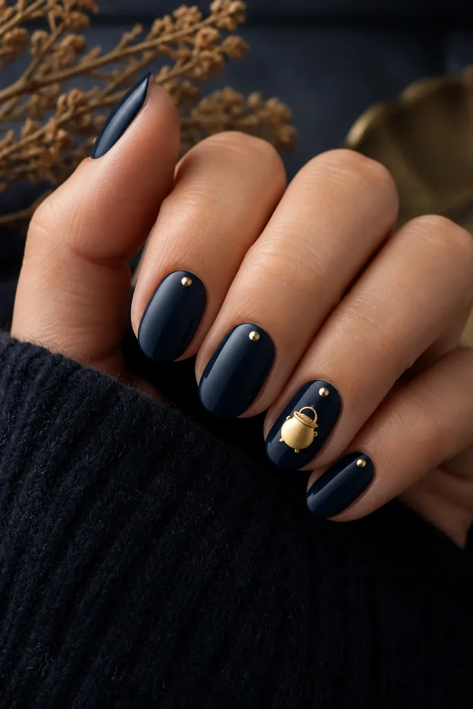 Deep navy nails with a single small gold dot near the cuticle on each nail. One accent nail has a tiny gold cauldron icon drawn above the dot, with a loop handle.