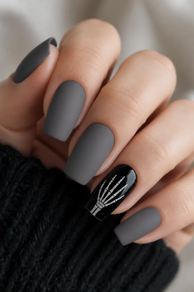 Four nails are matte gray. One accent nail is glossy black with a thin white outline of a skeleton hand near the cuticle, showing five finger bones and a small wrist line.