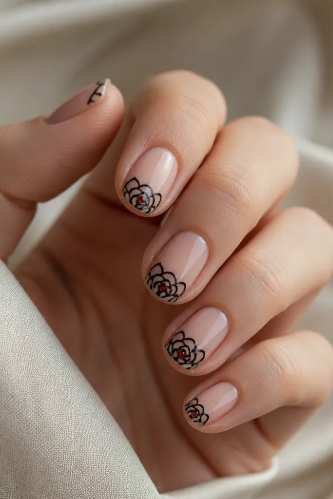 Short nails with a sheer nude base and black petal shapes at the tips. The petals look like tiny rose outlines with layered curved strokes. Two nails have a small red dot in the center of the petal cluster.