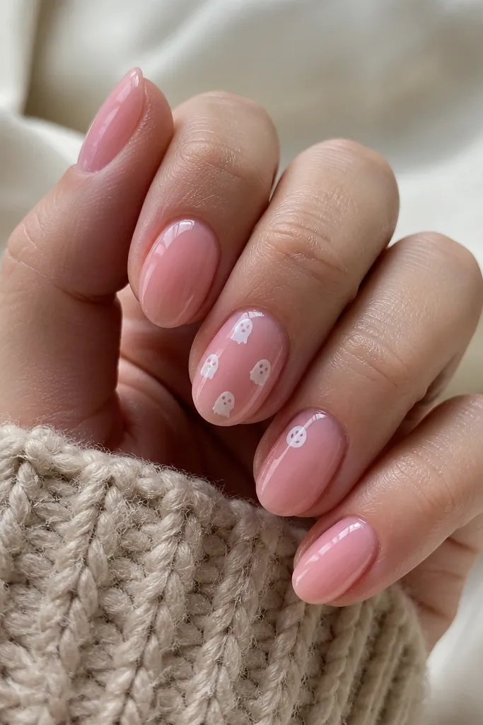 All nails are sheer pink and glossy. On one accent nail, there are three tiny ghost heads made from white dots and curved lines, spaced like confetti. Another nail has a single white dot with a tiny smile.