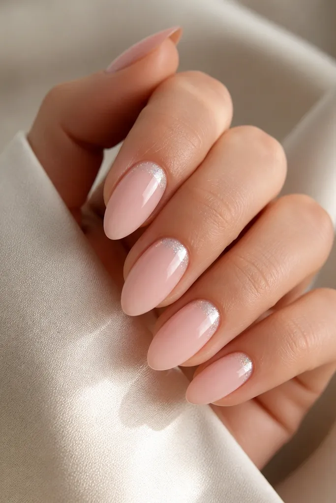 Five almond nails painted sheer blush pink. Each nail has a clean half-moon of fine clear glitter just at the cuticle, leaving the rest of the nail glossy and plain.
