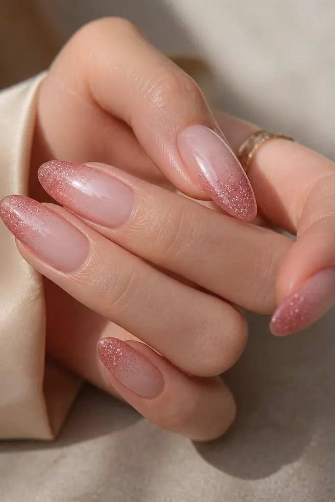 Almond nails with a smooth blush gradient: the cuticle is pale and sheer, fading darker toward the tip. The last third has a concentrated scatter of fine glitter, tapering off before the sides.