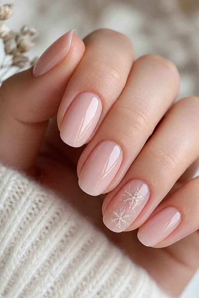 Four nails are plain sheer blush pink. The accent nail (ring finger) has fine glitter arranged like tiny snowflakes near the center, with the rest of the nail staying clear and glossy.