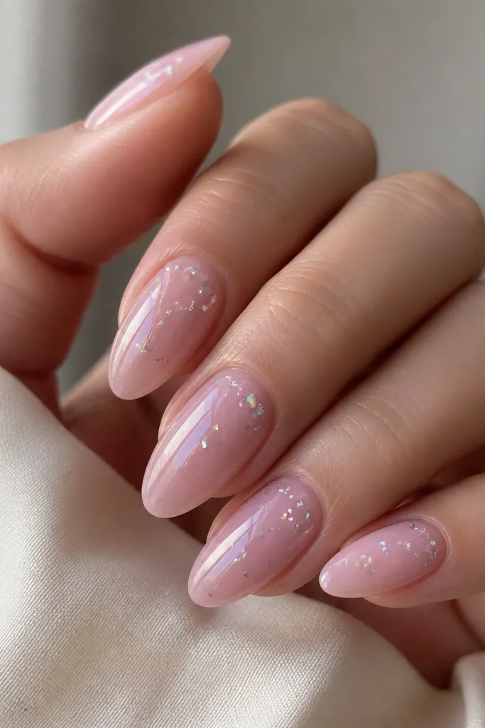 Almond nails in a milky rose pink. Across each nail are sparse holographic micro-confetti bits, mostly in the upper half, with lots of clear space between pieces.