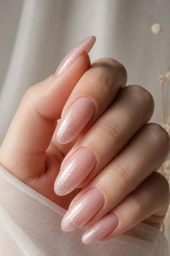 Soft pink almond nails with a glitter tip gradient. Over the glitter, there's a fine blush-chrome haze that looks like a soft pearly veil.