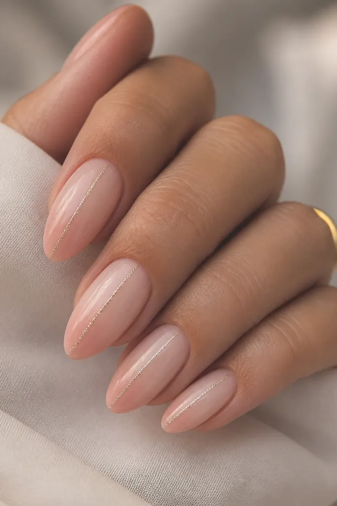 Almond nails with a smooth ombre from pale at the cuticle to slightly deeper blush at the tip. A thin straight line of fine glitter runs down the center of each nail.