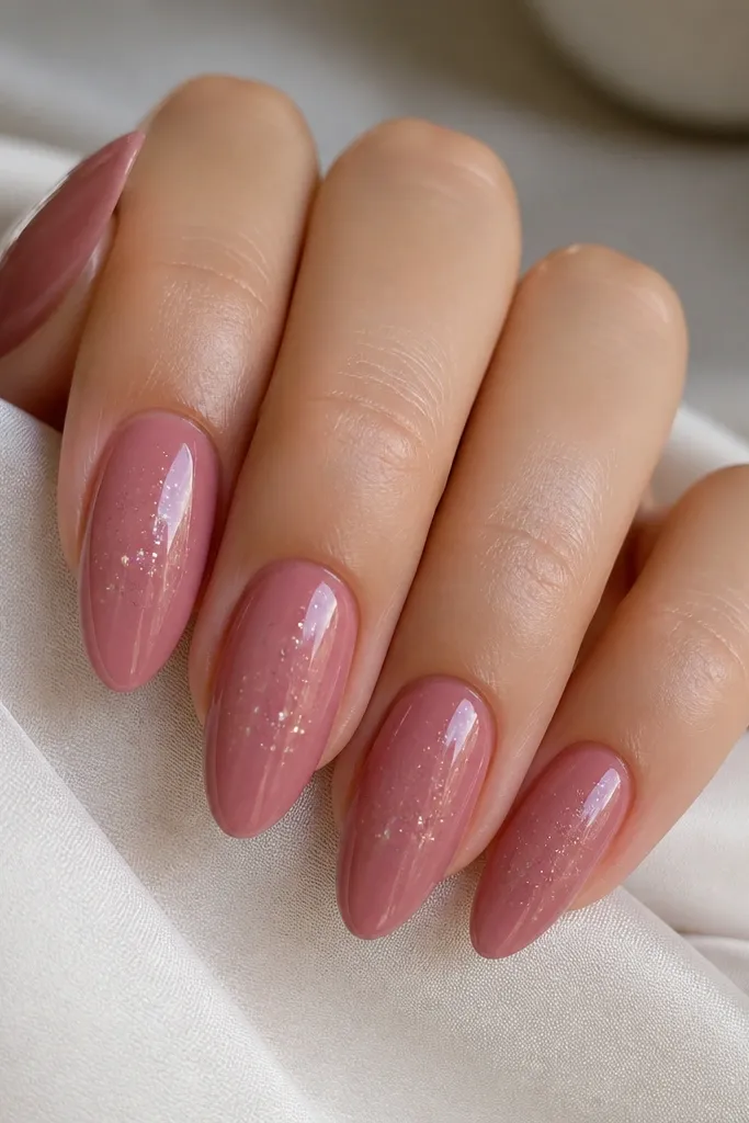 Dusty rose soft pink almond nails with a handful of micro glitter dots scattered randomly across the nail surface, mostly near the center and slightly toward the tip.
