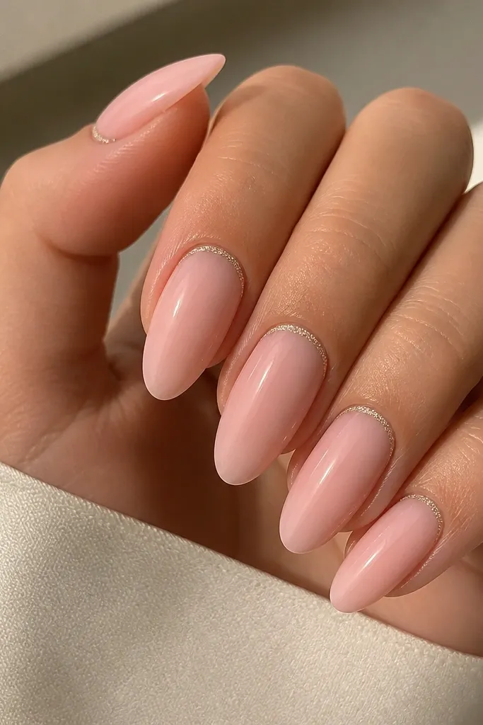 Almond nails in sheer soft pink. Around the cuticle area, there's a thin glitter outline that follows the curve, like a tiny frame.