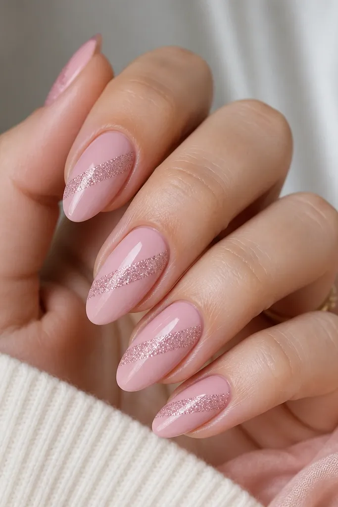 Soft pink almond nails. Each nail has a diagonal band of fine glitter across the middle, slanting from lower left to upper right, with the rest of the nail glossy and plain.