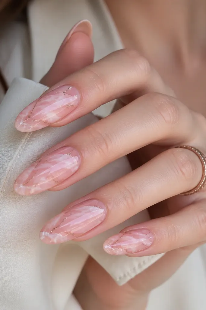 Almond nails with a soft pink marble pattern. Thin white-pink swirls run through the nail, and fine glitter veins trace parts of the swirls near the tip.