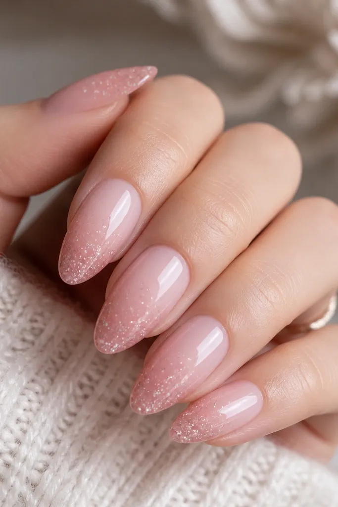 Soft pink almond nails that fade from pale at the cuticle to a slightly deeper blush at the tip. The tip has a dusting of fine glitter that looks like a soft snowfall, not a solid cap.