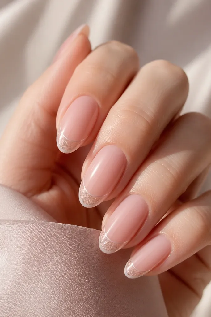 Sheer soft pink almond nails with a glitter French tip. The glitter forms a curved smile line across the tip, with a thin clear border below it.